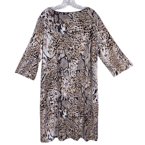 CHICO’S Animal Print Shift Dress Size 3 XL 16/18 Brown 3/4 Sleeve Lined EUC - Picture 2 of 13